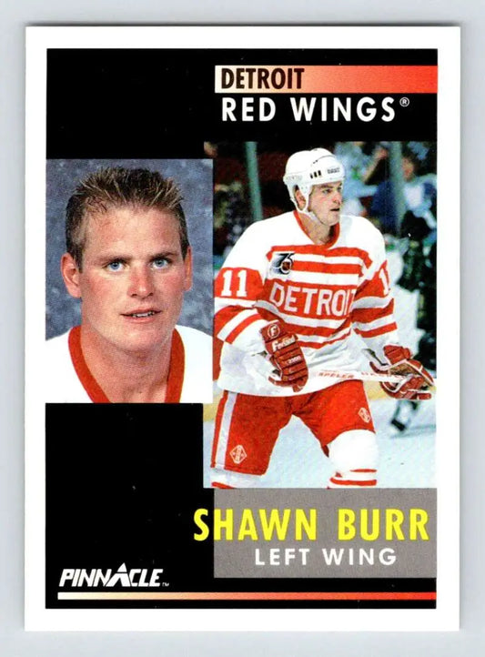 Hockey trading card of Shawn Burr featuring Detroit Red Wings portrait and action poses