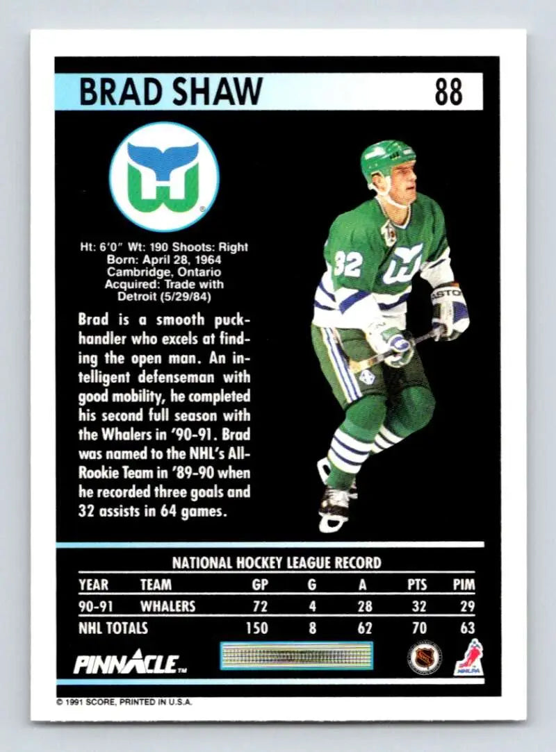 Hartford Whalers hockey card featuring Brad Shaw #88 from Pinnacle brand, 1991-92