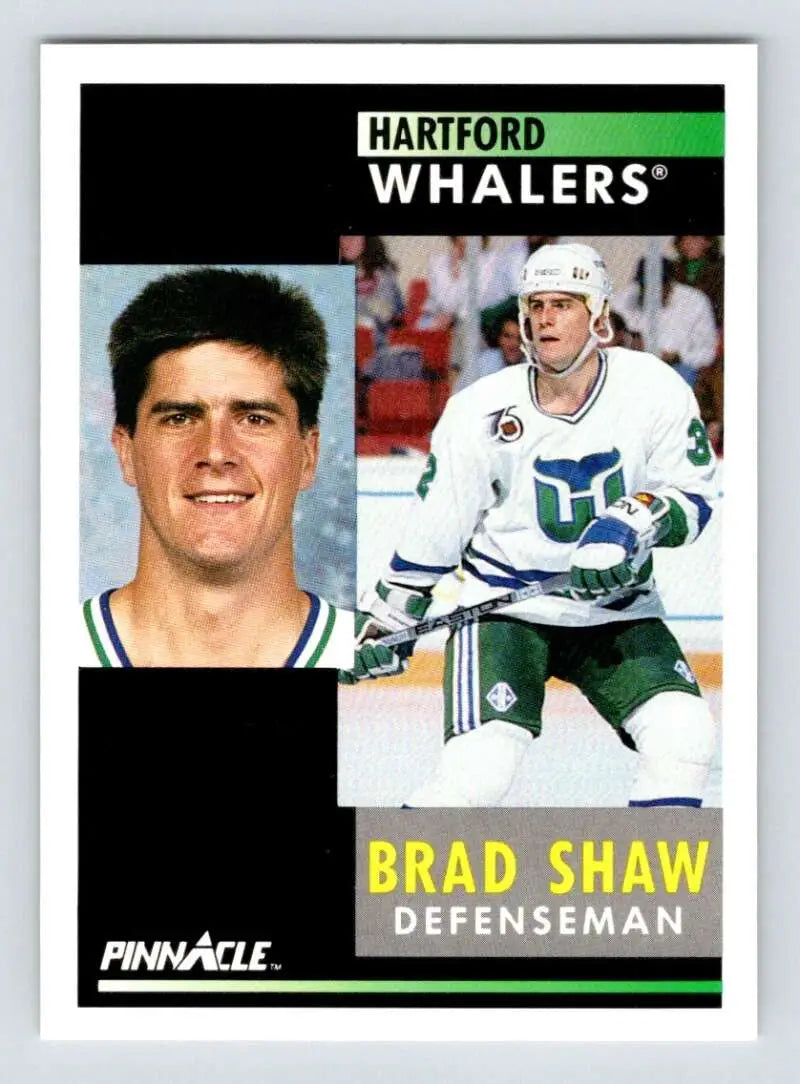 Hockey trading card of Brad Shaw from the Hartford Whalers in action and portrait poses