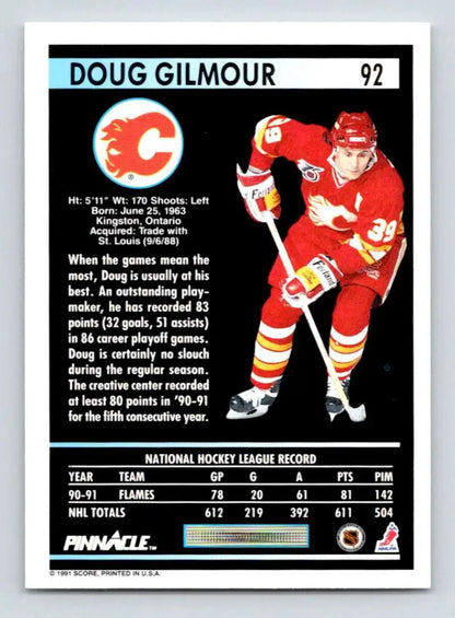 Doug Gilmour Calgary Flames hockey card in red and white uniform #92, 1991-92 Pinnacle
