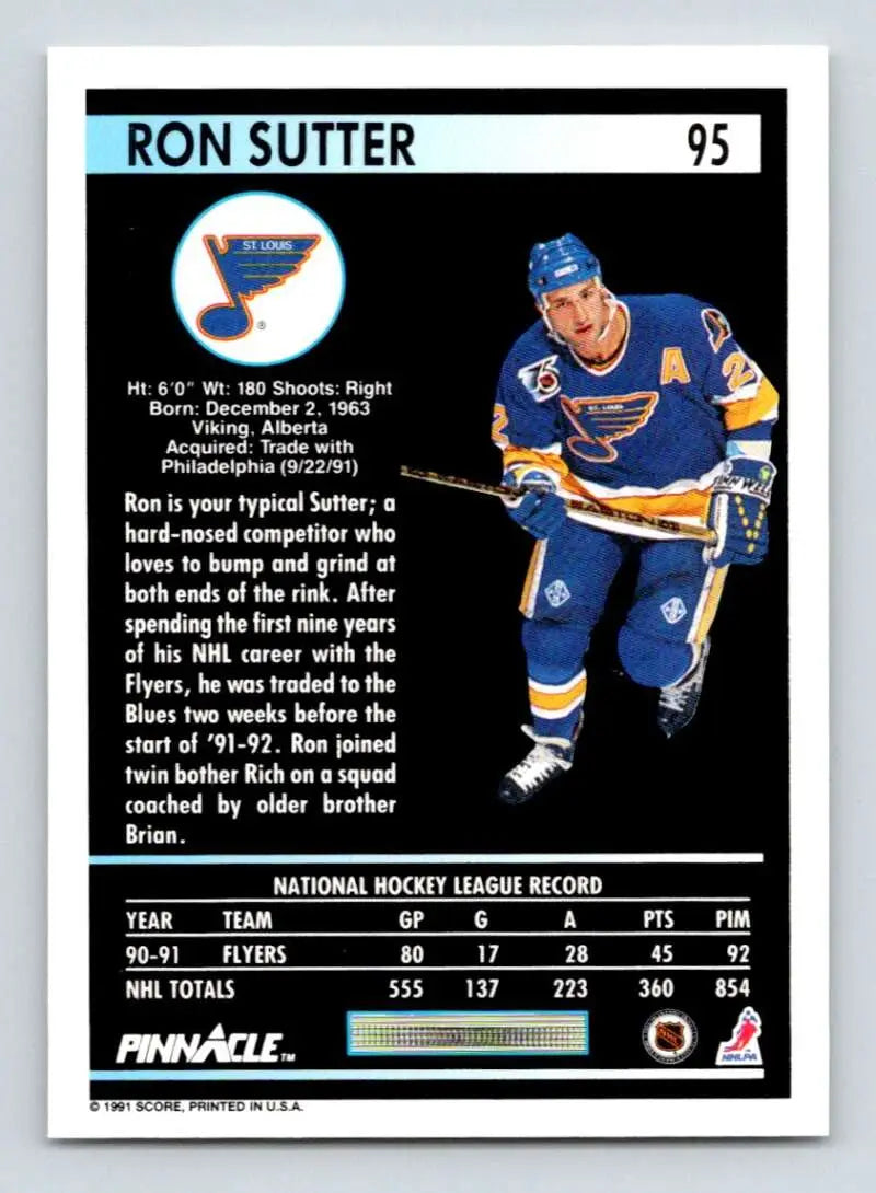 Hockey card of Ron Sutter in blue and yellow St. Louis Blues uniform, 1991-92 Pinnacle