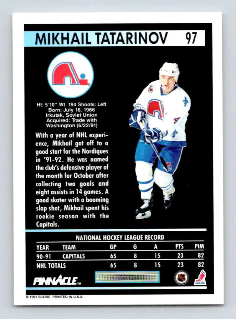 Mikhail Tatarinov Quebec Nordiques hockey card from 1991-92 Pinnacle featuring number 97