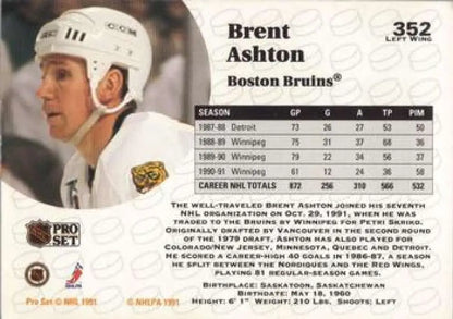 Hockey card featuring Brent Ashton of the Boston Bruins with stats and biography