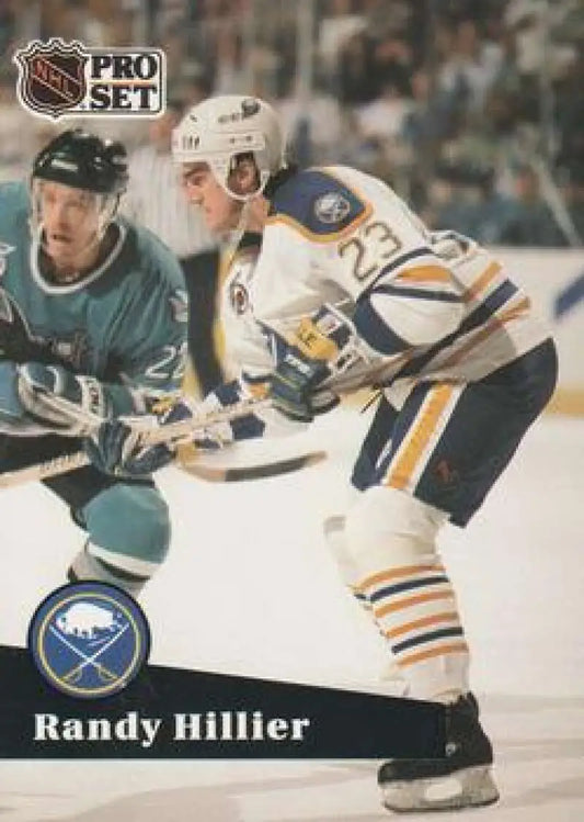 NHL Pro Set hockey card of Randy Hillier in Buffalo Sabres uniform during gameplay