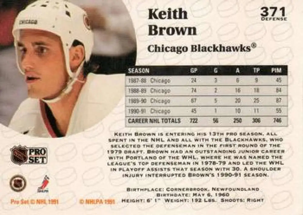 Hockey trading card of Keith Brown in Chicago Blackhawks uniform from Pro Set