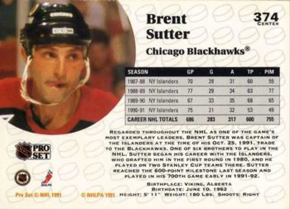 Hockey card featuring Brent Sutter of the Chicago Blackhawks from Pro Set 1991-92