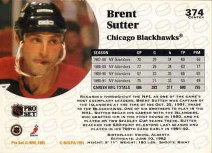 Hockey card featuring Brent Sutter of the Chicago Blackhawks from Pro Set 1991-92