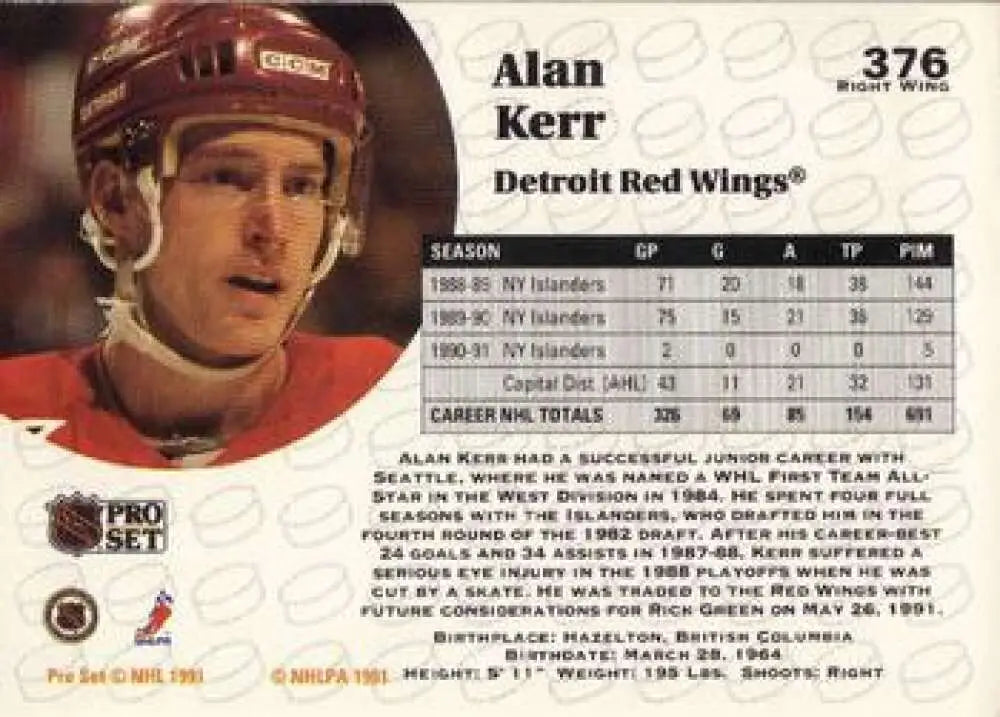 Hockey trading card of a Detroit Red Wings player in a red helmet, 1991-92 Pro Set