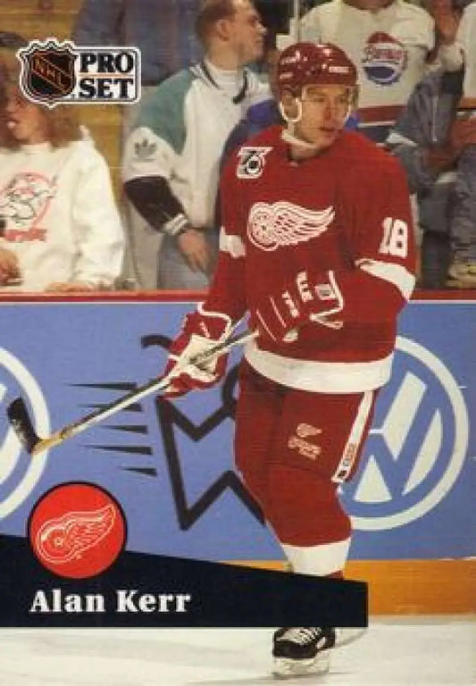 Detroit Red Wings player Alan Kerr on a 1991-92 Pro Set hockey card in red jersey