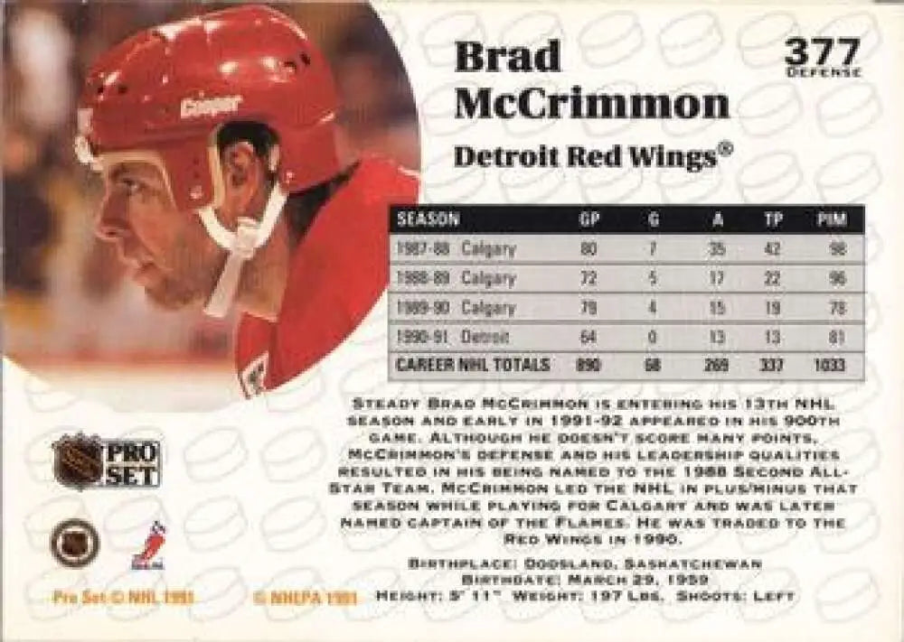 Hockey trading card of Brad McCrimmon from the Detroit Red Wings featuring a red helmet