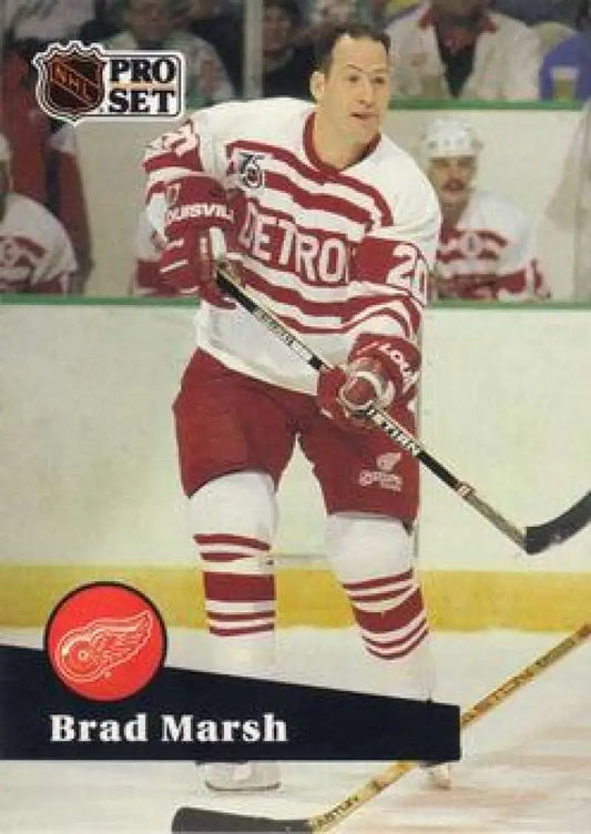Hockey trading card of Brad Marsh in retro Detroit Red Wings jersey, 1991-92 Pro Set