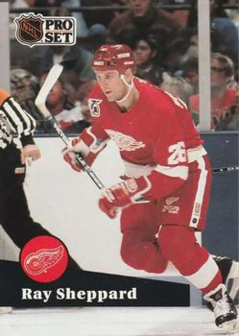 1991-92 Pro Set Ray Sheppard hockey card featuring Detroit Red Wings in classic jersey