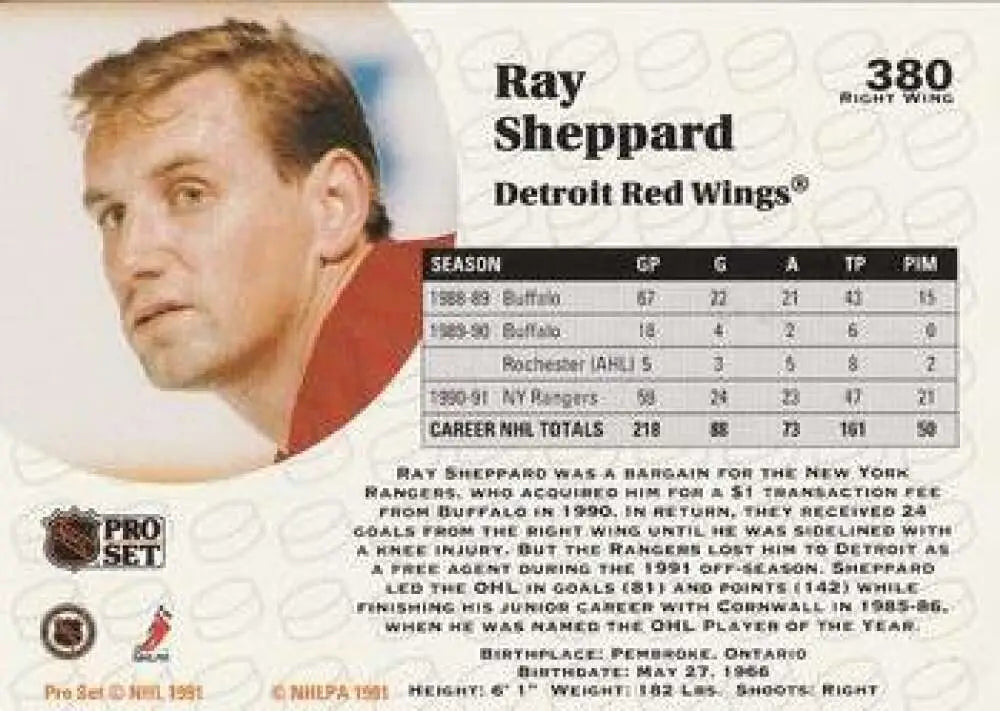 Vintage Pro Set hockey card of Ray Sheppard from Detroit Red Wings team