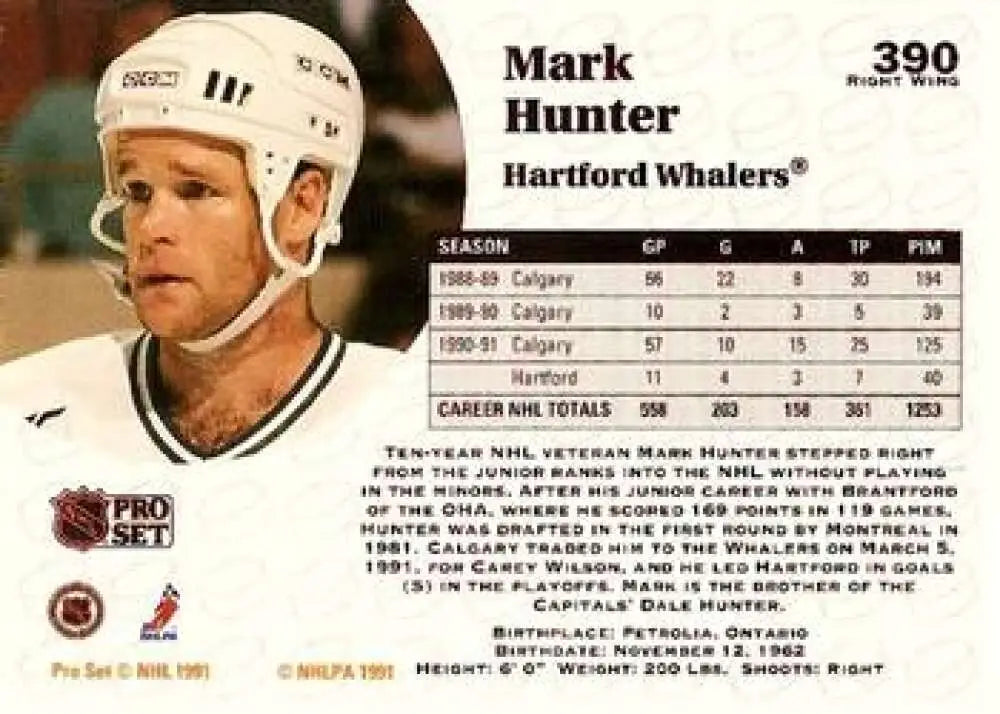 Mark Hunter Hartford Whalers hockey card from 1991-92 Pro Set #390 in NM-MT condition