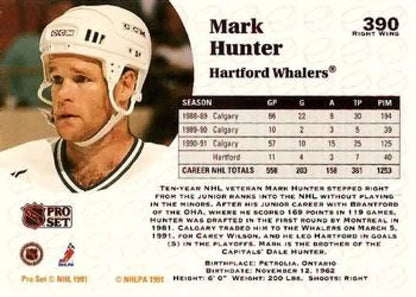 Mark Hunter Hartford Whalers hockey card from 1991-92 Pro Set #390 in NM-MT condition
