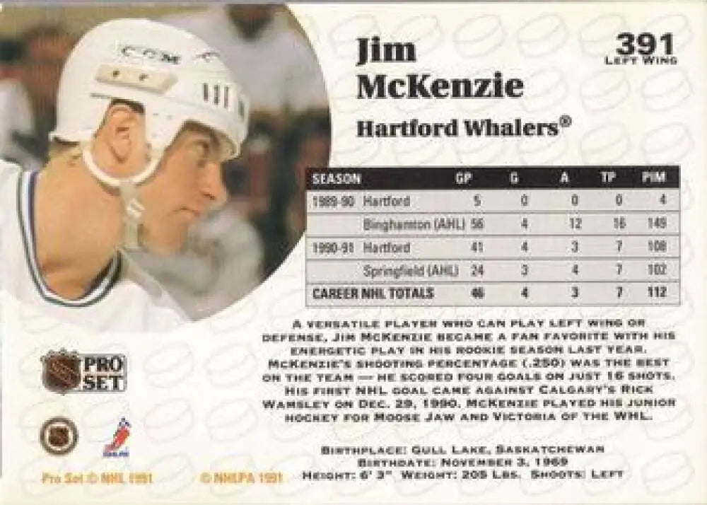 Jim McKenzie Hartford Whalers hockey card with player in white helmet from 1991-92 Pro Set