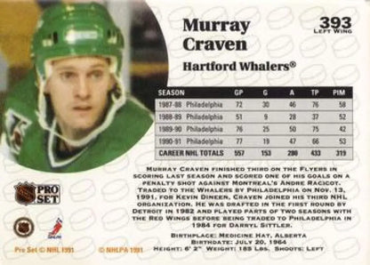 Hockey card of Murray Craven in green Hartford Whalers jersey from 1991-92 Pro Set