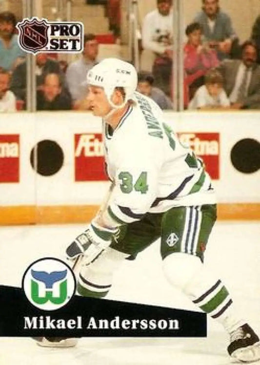 Mikael Andersson in Hartford Whalers jersey number 34 on hockey card 1991-92 Pro Set