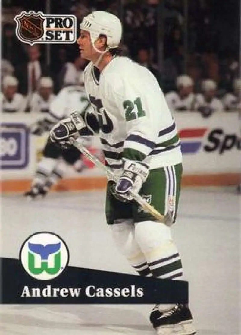 Hockey player in white Hartford Whalers jersey number 21 on Andrew Cassels hockey card