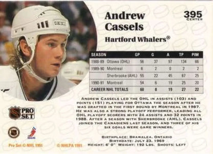 1991-92 Pro Set #395 Andrew Cassels Hockey Card featuring Hartford Whalers player