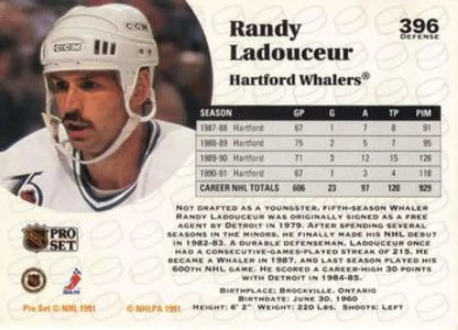 Hockey player trading card of Randy Ladouceur from the Hartford Whalers Pro Set