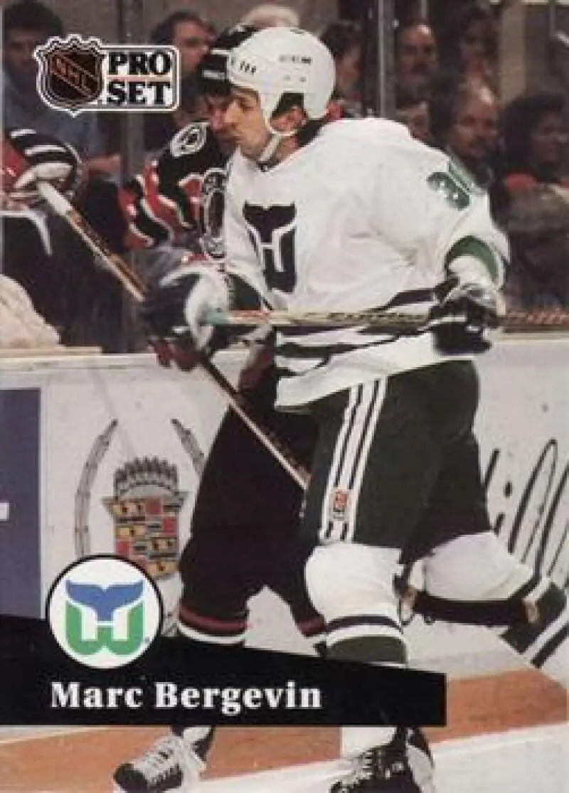 NHL Pro Set hockey card featuring Marc Bergevin of the Hartford Whalers in white uniform