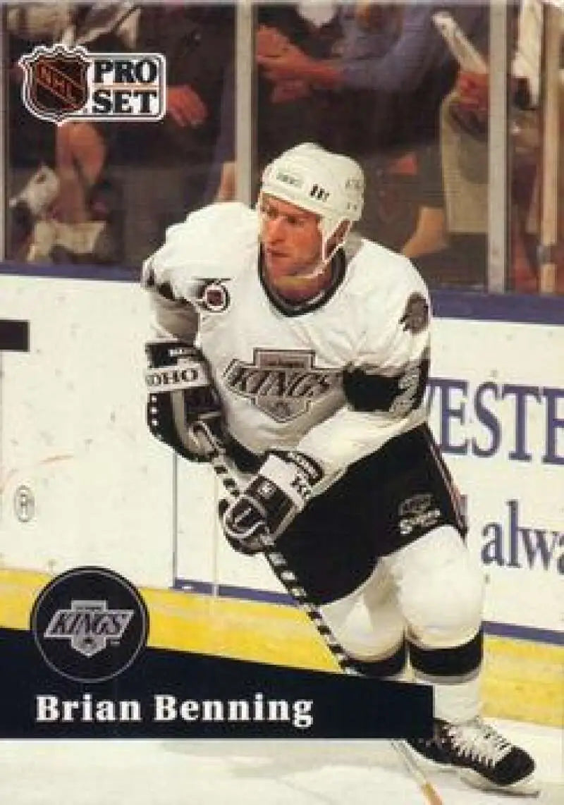 NHL Pro Set card of Brian Benning in Los Angeles Kings white jersey during gameplay