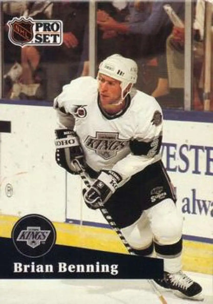 NHL Pro Set card of Brian Benning in Los Angeles Kings white jersey during gameplay