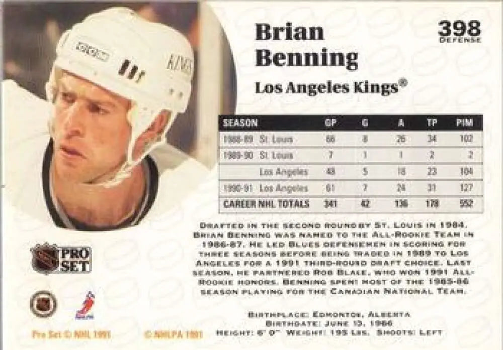 Hockey trading card of Brian Benning from the Los Angeles Kings NHL team