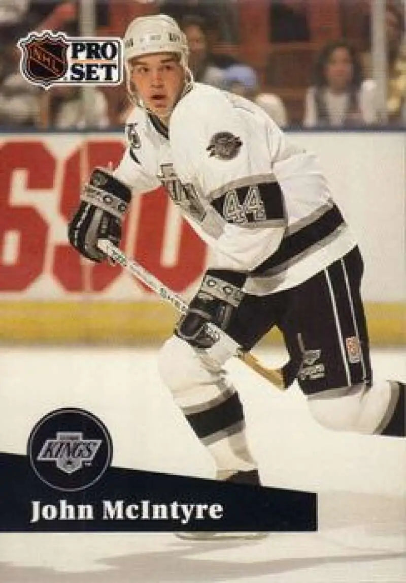Hockey player in white Los Angeles Kings jersey represents John McIntyre skating on ice
