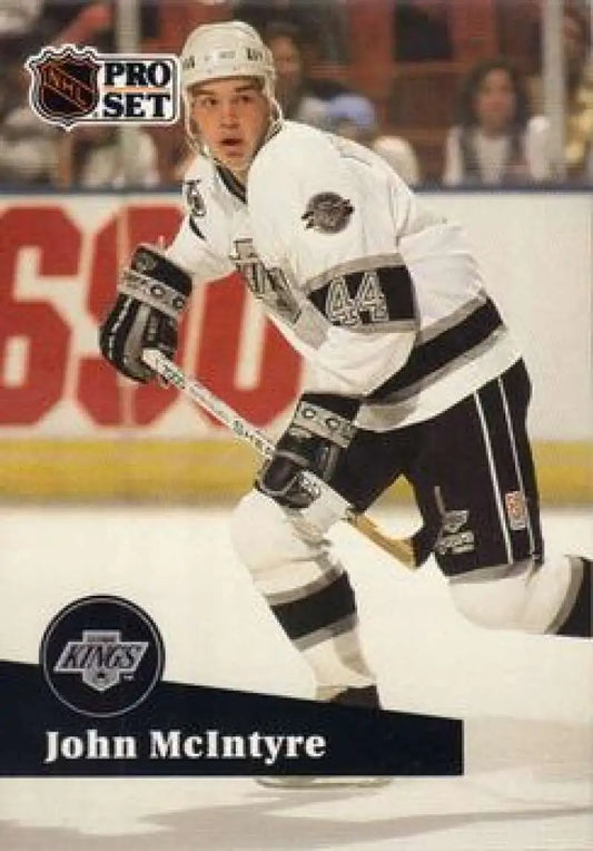 Hockey player in white Los Angeles Kings jersey represents John McIntyre skating on ice