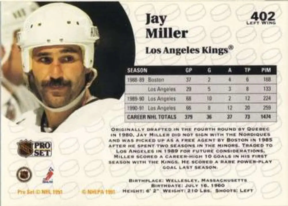 1991-92 Pro Set #402 Jay Miller Los Angeles Kings Hockey Card with white helmet and mustache