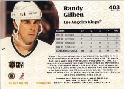 Hockey trading card of Randy Gilhen from the Los Angeles Kings in a white jersey
