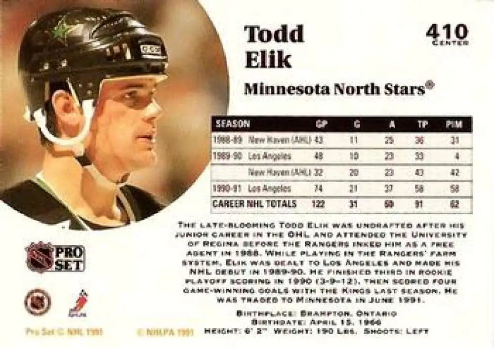 Hockey trading card of Todd Elik from the Minnesota North Stars with black helmet