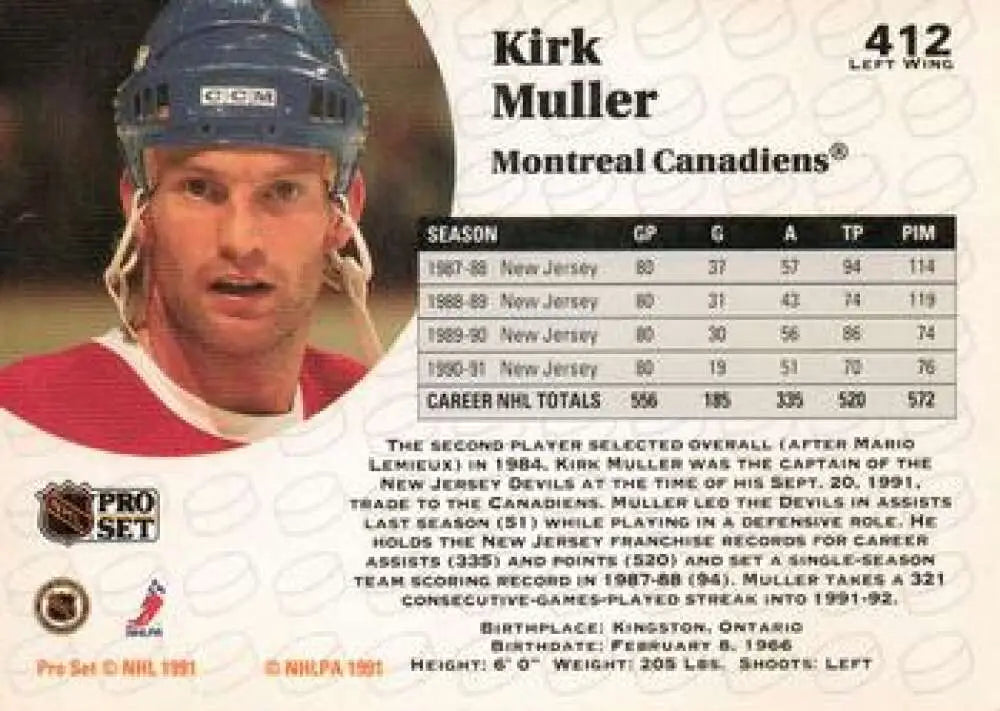 Hockey trading card of Kirk Muller from Pro Set featuring Montreal Canadiens player