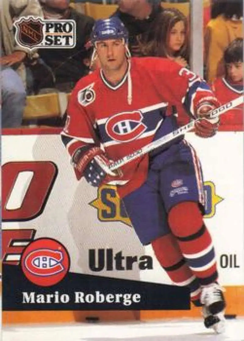 Hockey player in Montreal Canadiens jersey with stick on Mario Roberge hockey card