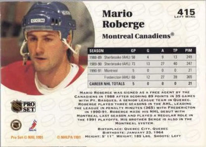 Hockey card of Mario Roberge wearing a blue helmet for Montreal Canadiens