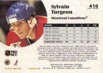 Hockey card of Sylvain Turgeon in a blue helmet and red Montreal Canadiens jersey