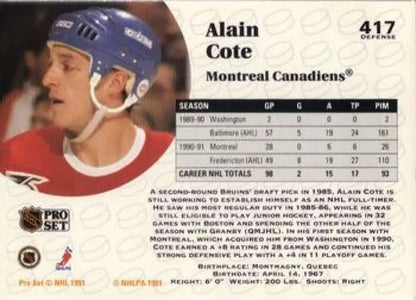 Montreal Canadiens Hockey Card of Alain Cote in red jersey and blue helmet