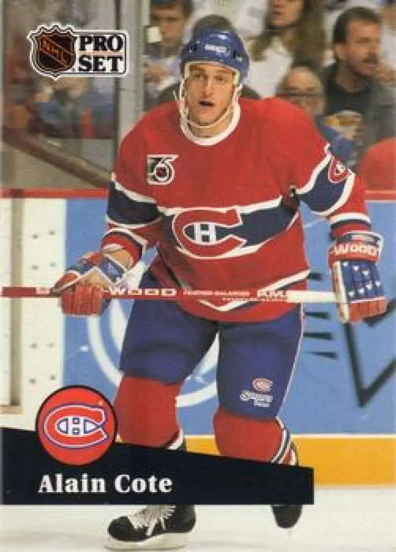 NHL Pro Set hockey card of Alain Cote in Montreal Canadiens red and blue uniform