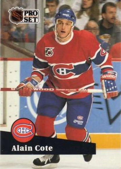 NHL Pro Set hockey card of Alain Cote in Montreal Canadiens red and blue uniform
