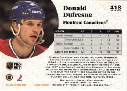 Hockey card of Donald Dufresne in Montreal Canadiens jersey and helmet