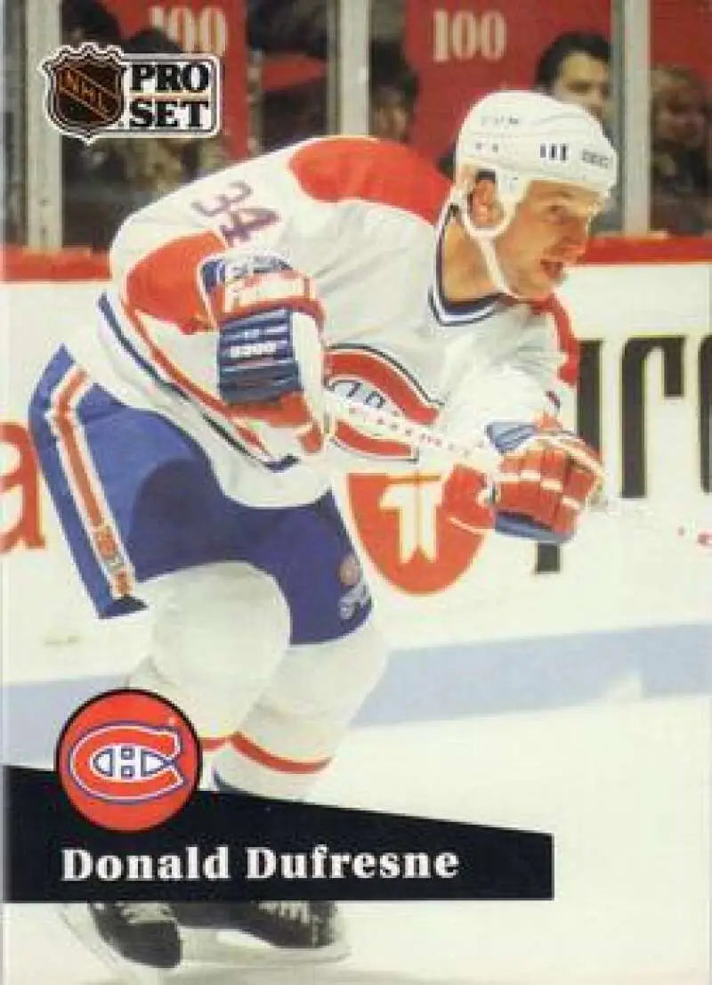 1991-92 Pro Set #418 Donald Dufresne Montreal Canadiens Hockey Card in red and white uniform