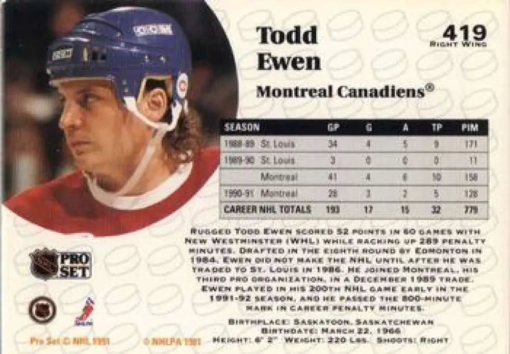 Hockey card of Todd Ewen from the Montreal Canadiens with a blue helmet