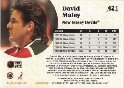 Hockey trading card of David Maley in red and white Jersey Devils jersey from Pro Set