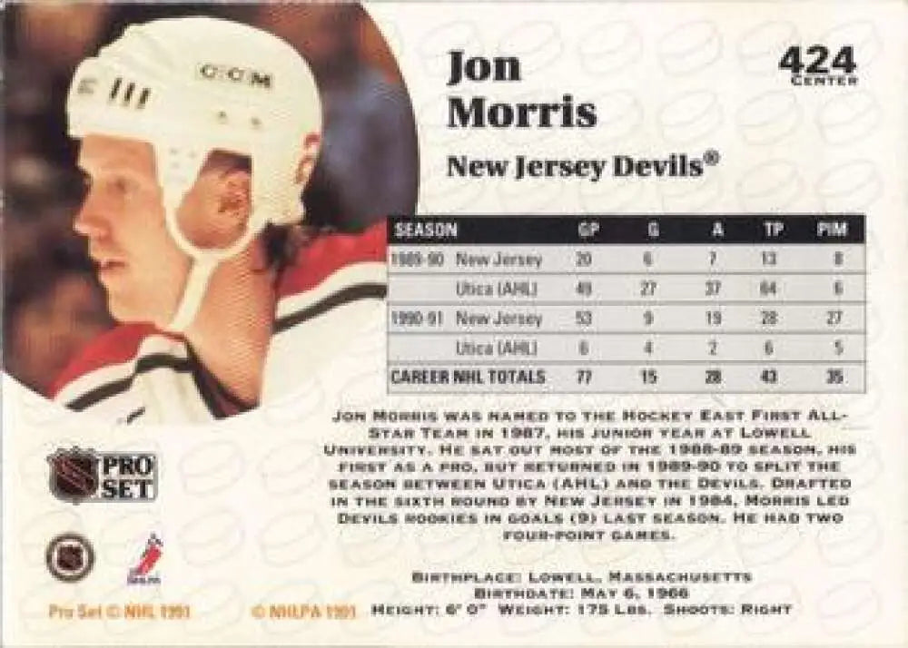 Hockey card of Jon Morris from New Jersey Devils with white helmet, 1991-92 Pro Set