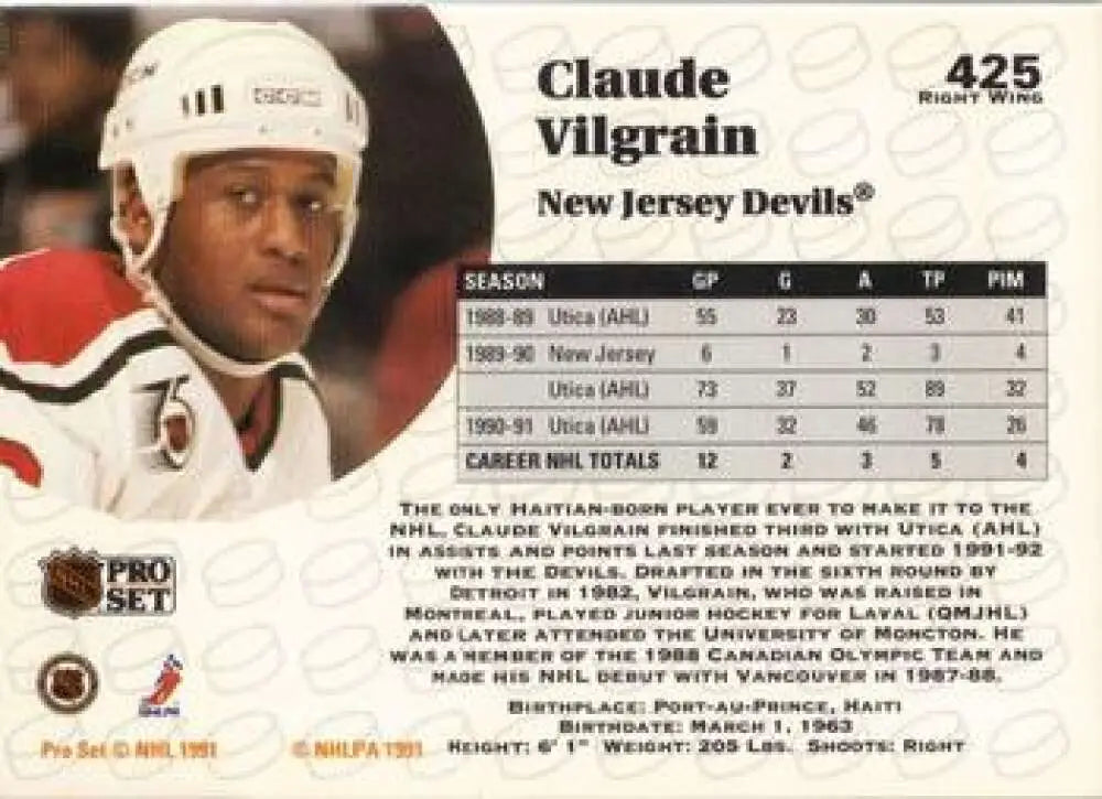 Hockey card of Claude Vilgrain in a white helmet and red Jersey Devils jersey