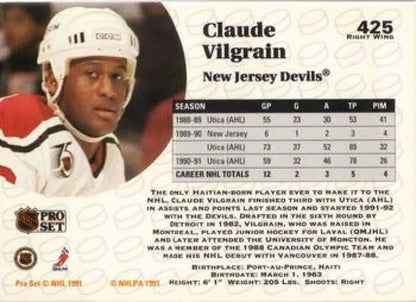 Hockey card of Claude Vilgrain in a white helmet and red Jersey Devils jersey