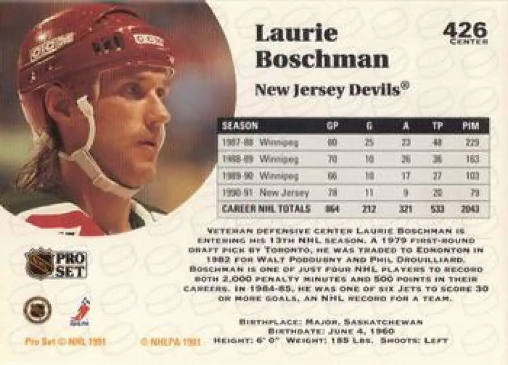 1991-92 Pro Set Laurie Boschman New Jersey Devils Hockey Card with red helmet