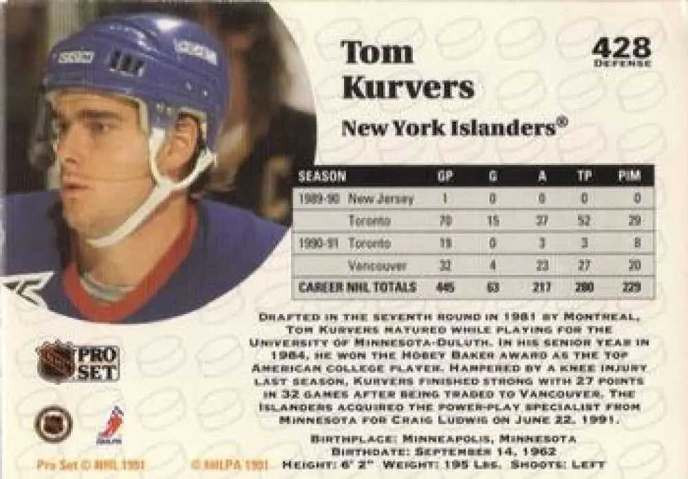 Tom Kurvers 1991-92 New York Islanders Hockey Card from Pro Set #428